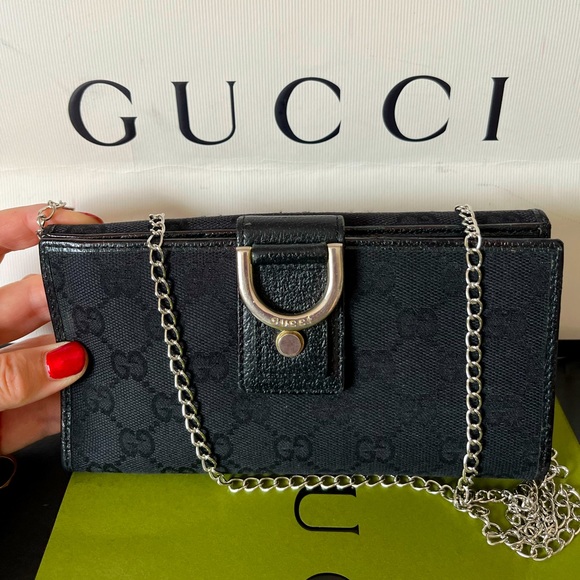 Gucci Handbags - Gucci GG Black Monogram Canvas and Leather Long Wallet with Chain